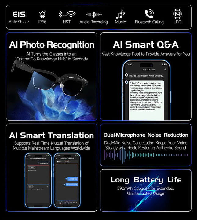 Bluetooth Smart Glasses with Open-Ear Audio, IP66 Waterproof, 6–7H Playback, Lightweight Design