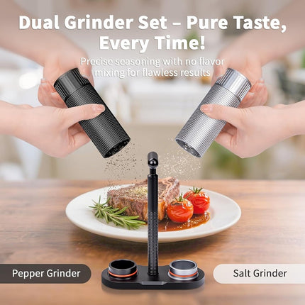 Heavy Duty Salt and Pepper Mill Set with Aluminum Body Metal Base and Cleaning Brush