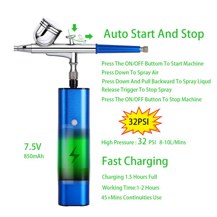 Cordless Portable 32 PSI Airbrush Kit for Makeup Nail Art Tattoo and Cake Decorating