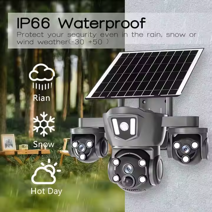 4G Solar PTZ Security Camera Triple Lens Night Vision 350 Degree Pan Outdoor