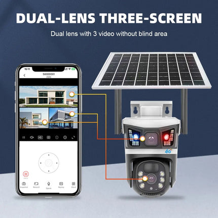 Solar Wireless PTZ Camera Dual Lens 4MP Night Vision 3 Screen Solar Powered