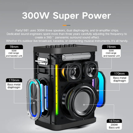 High-Performance 300W Wireless Party Speaker with Dual Mics, LED Effects & Stereo Sound