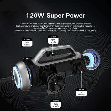 High-Power Portable Party Speaker with RGB Effects, 120W Output & All-Day Battery