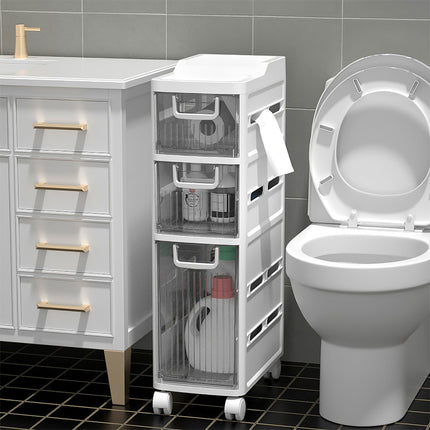 Space-Saving Narrow Bathroom Drawer Cabinet 4-Tier Plastic Organizer with Castors