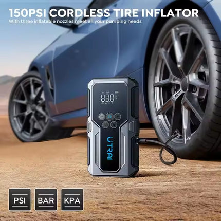 12V Portable Car Jump Starter with Digital Screen, Power Bank & Built-In Air Pump