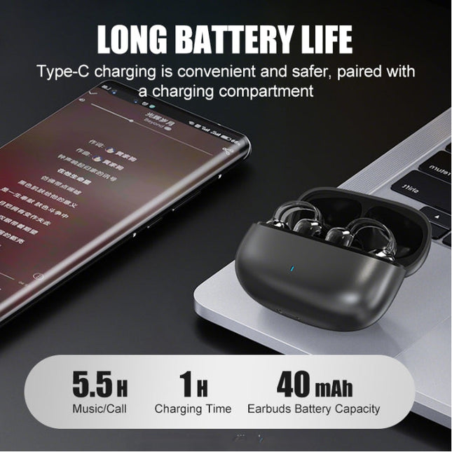 Lightweight Clip-On Wireless Earbuds with Touch Controls and ENC Audio Black