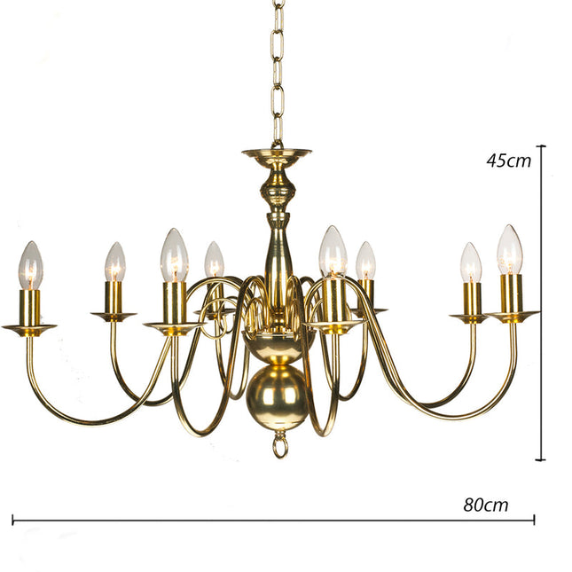 Vintage Style 8 Light Gold Ceiling Chandelier with Brass Look Frame E14 Fitting