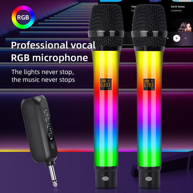 Portable Wireless Karaoke Microphone System with Dual Handheld Mics and RGB LED Lights