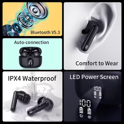 Rechargeable Clip-On Wireless Earbuds Bluetooth 5.3 Compact Waterproof Design Black