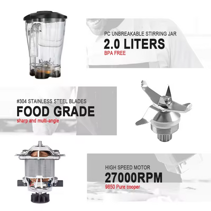 Commercial 2L Blender – 2200W High-Power Motor with Ice Crushing & Multifunctional Blending