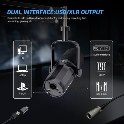 Professional Desktop Podcast Microphone with Cardioid Pickup, Dual USB & XLR Audio Output