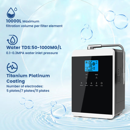 Electric Water Ionizer Machine with 5–11 Plates pH 4.5–10.5 Countertop Filtration System