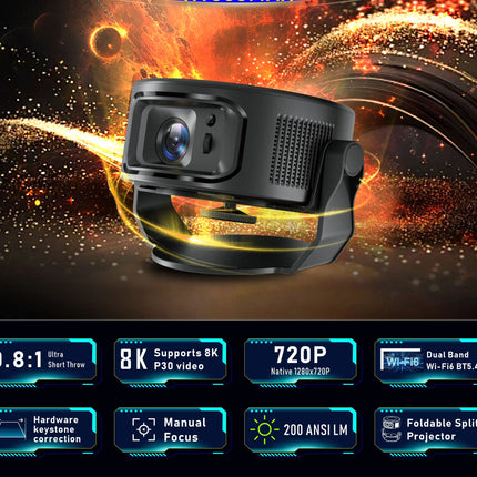 Compact HD LED Projector Android System WiFi6 Bluetooth 200 Lumens