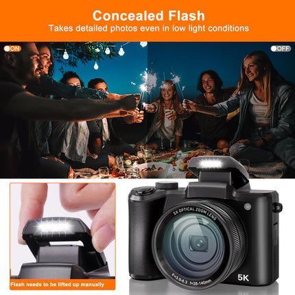 Professional 5K Vlogging Camera with Dual View System, 64MP Imaging & Mic Input