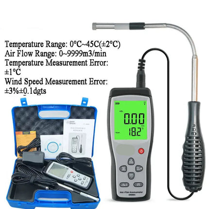 Digital Hot Wire Air Velocity Meter with Airflow Calculation & Temperature Sensor