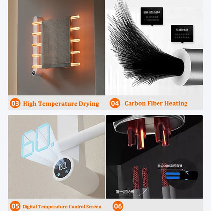 Five-Pole Electric Towel Warmer with Digital Timer & Adjustable Temperature – 60W, Wall-Mounted