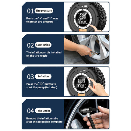 Portable Rechargeable Tyre Pump with Quick Inflate, Auto Stop & LED Safety Light