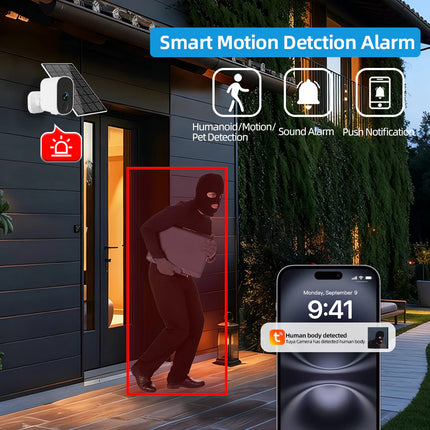Smart Solar Surveillance Camera 3MP with AI Motion Alerts, Full-Color Night View, Weatherproof Design