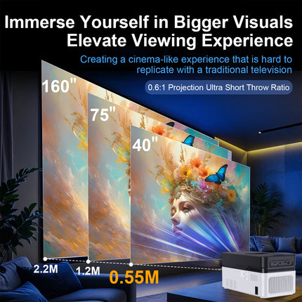 Portable Home Projector 1080P with Auto Focus Bluetooth Remote and 200 Inch Display