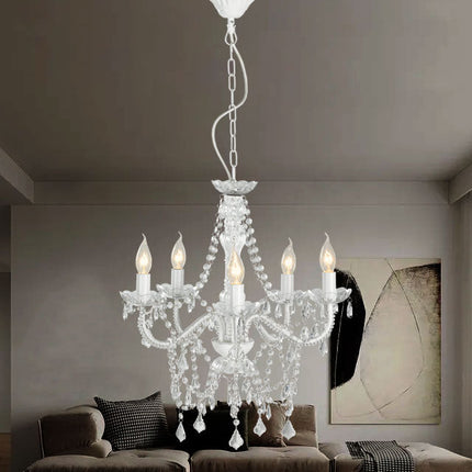 5 Light Crystal Bead Ceiling Pendant Chandelier White Frame E14 Socket 52cm