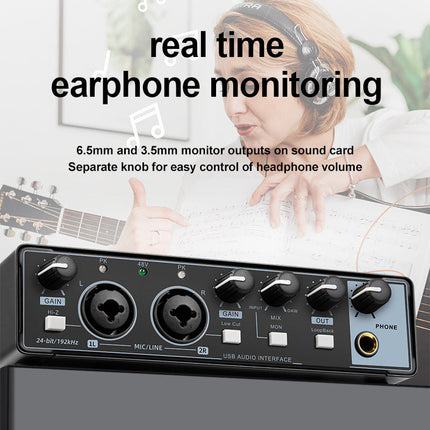 Professional USB Audio Interface Sound Card with Dual Mic Inputs, 48V Phantom Power, 192kHz/24-Bit
