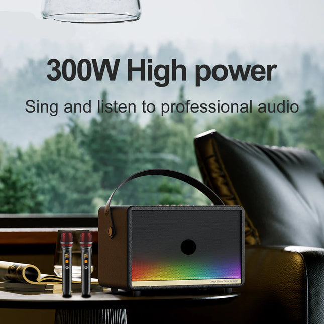 High-Power RGB Bluetooth Karaoke Speaker System with Dual Mics – 300W Party Sound