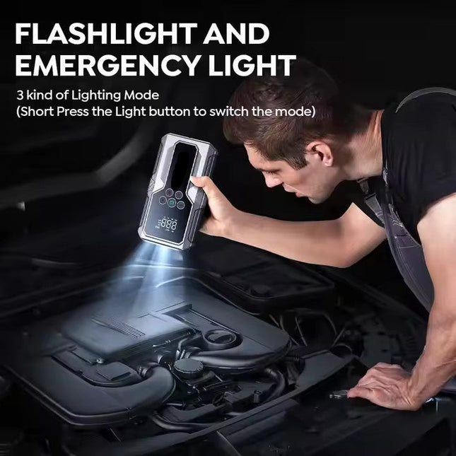12V Portable Car Jump Starter with Digital Screen, Power Bank & Built-In Air Pump