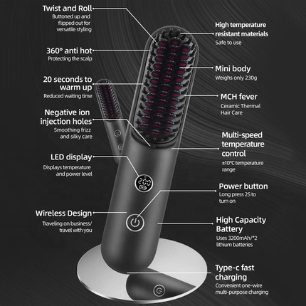 Portable Ionic Hair Straightener Brush Rechargeable with 3 Heat Settings LED Screen
