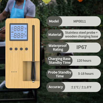 Smart Wireless BBQ Meat Thermometer with Wooden Charging Base Rechargeable Probe