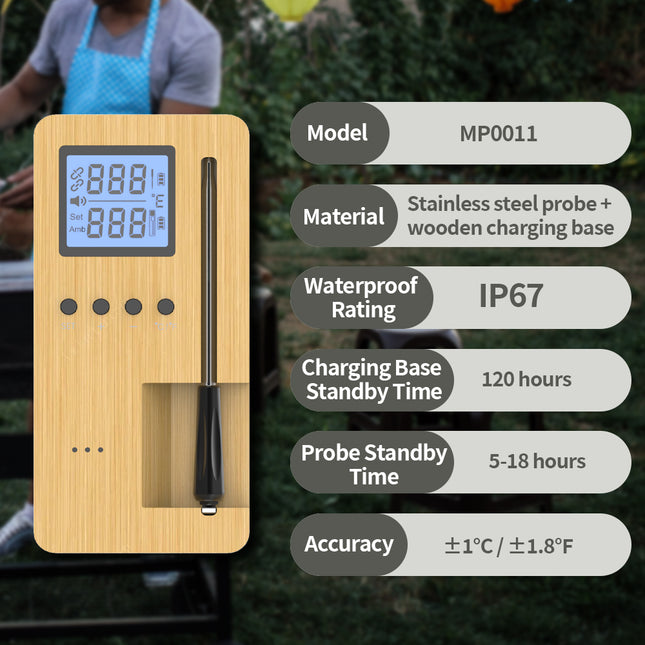 Smart Wireless BBQ Meat Thermometer with Wooden Charging Base Rechargeable Probe
