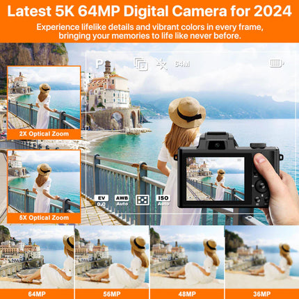 Professional 5K Vlogging Camera with Dual View System, 64MP Imaging & Mic Input