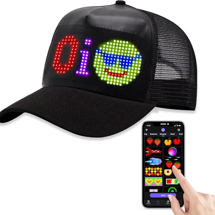 LED Programmable Baseball Cap with App Control Text Animations USB Rechargeable Black