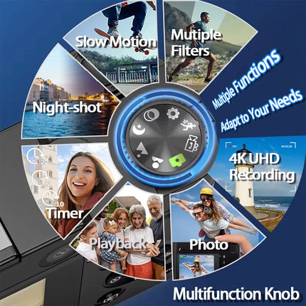 Compact 4K Digital Camcorder with 16X Zoom, 64MP Image Output, WiFi Sharing & Rotating Screen