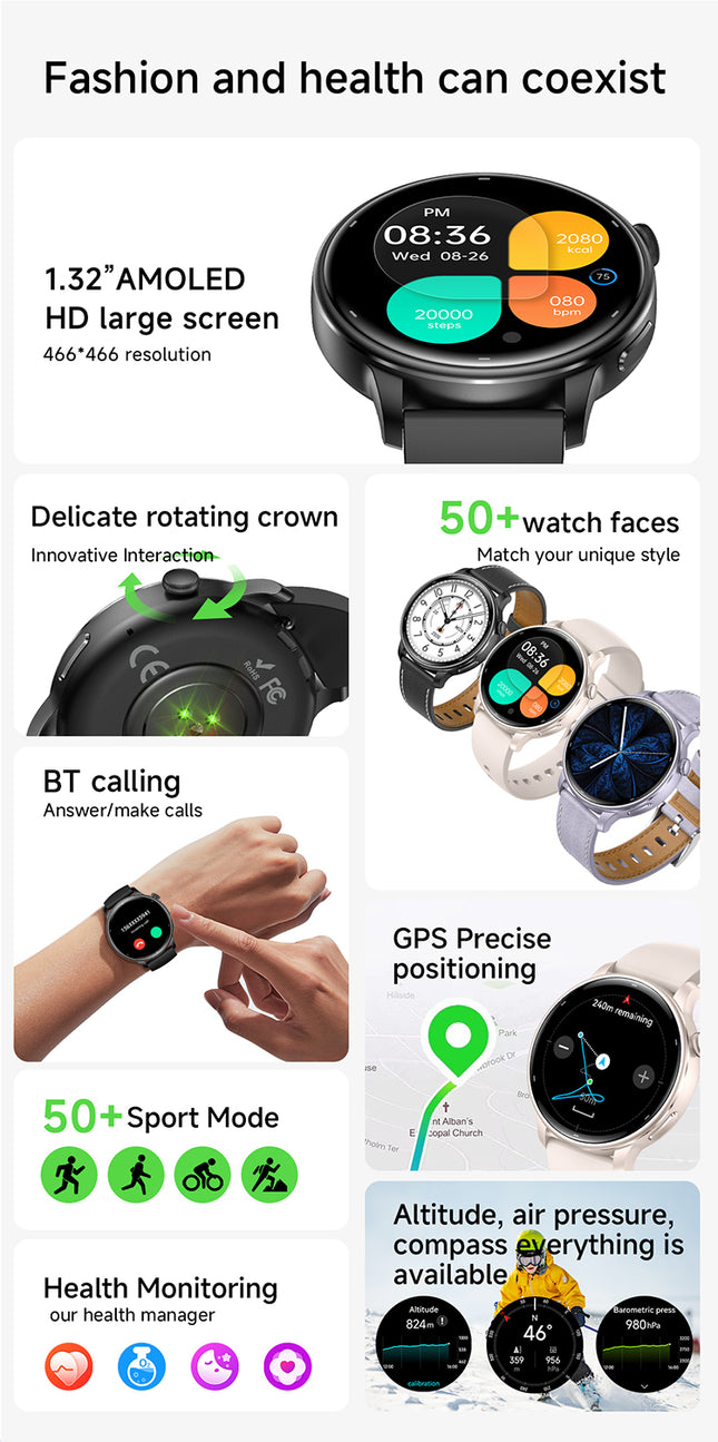 1.32" AMOLED Round Smart Watch with Bluetooth Calling, 170+ Sports Modes, Compass, 1ATM Waterproof