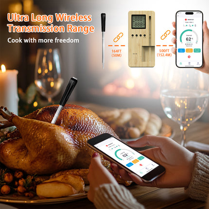Smart Wireless BBQ Meat Thermometer with Wooden Charging Base Rechargeable Probe