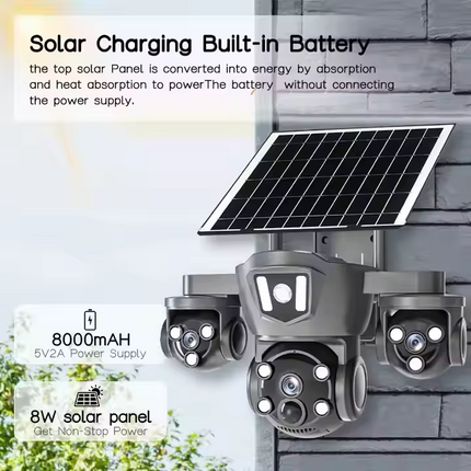 4G Solar PTZ Security Camera Triple Lens Night Vision 350 Degree Pan Outdoor