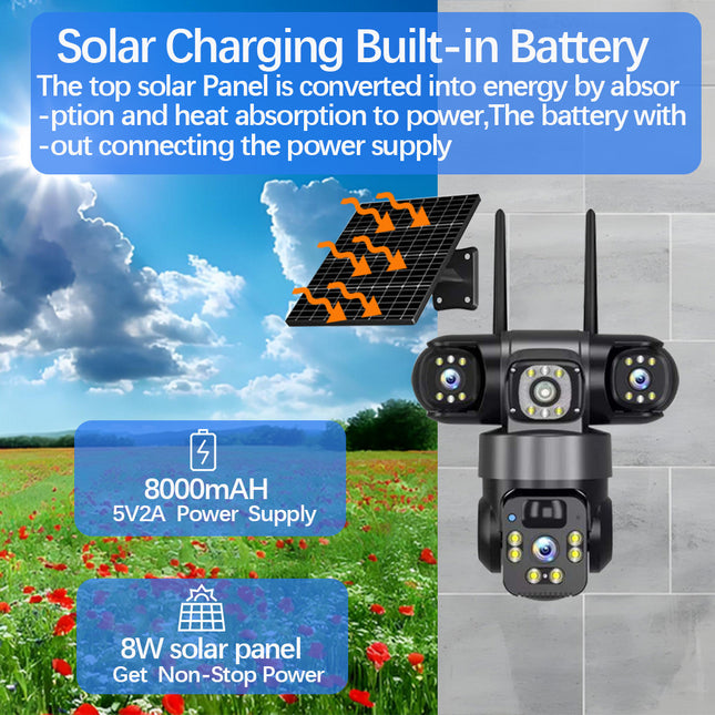 6MP Solar PTZ Security Camera Triple Lens 4G with Color Night Vision