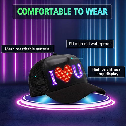 LED Programmable Baseball Cap with App Control Text Animations USB Rechargeable Black