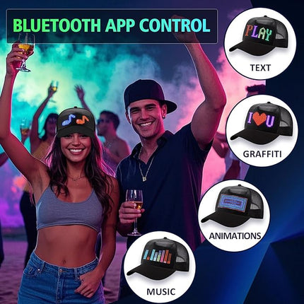 LED Programmable Baseball Cap with App Control Text Animations USB Rechargeable Black