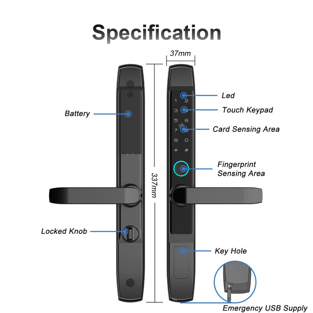 Slim Smart Sliding Door Lock with Fingerprint, PIN and Mifare Card Access