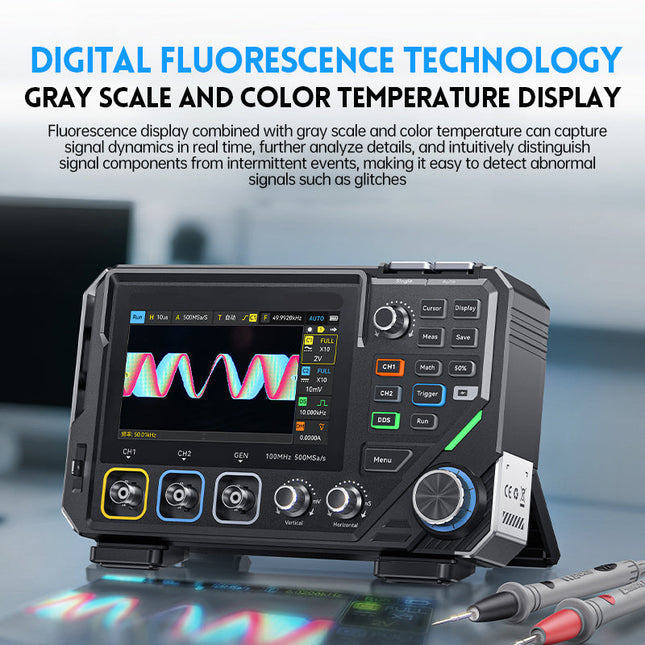 2-Channel 100MHz Digital Oscilloscope with 500MSa/s Sampling & Built-In TRMS Multimeter – Bench Top Unit