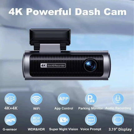 Dual 4K WiFi Dash Cam with Front and Rear Recording and 3.19 Inch Display