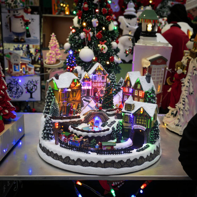 17" LED Musical Village Scene with Rotating Train, Tree Decoration, 8 Songs, Plug-In Adapter