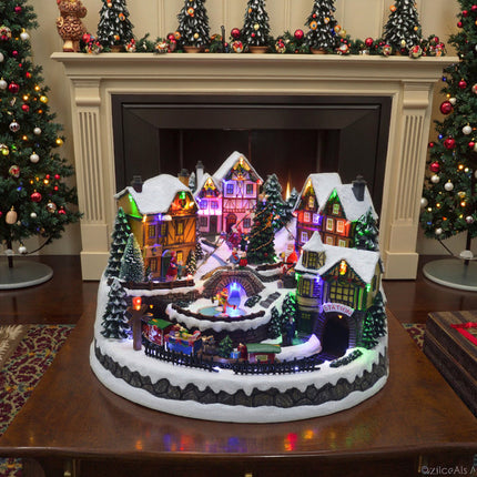 17" LED Musical Village Scene with Rotating Train, Tree Decoration, 8 Songs, Plug-In Adapter
