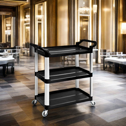 3-Tier Plastic Serving Trolley with Aluminum Frame for Restaurant and Kitchen Service