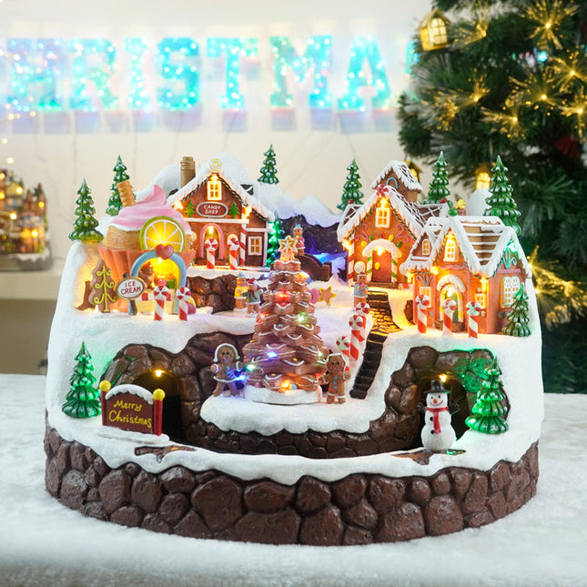 16" LED Christmas Candy House with Rotating Train, Skating Figures & USB Music Decoration