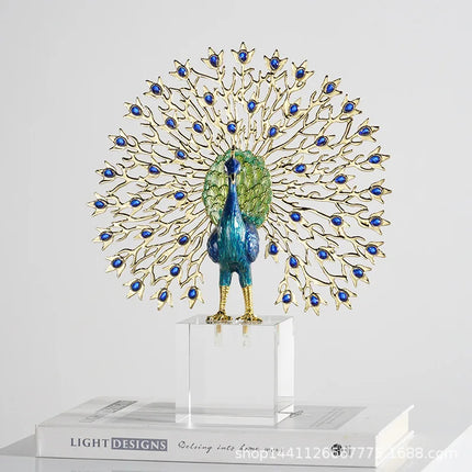 Decorative Peacock Figurine Vibrant Blue Tail Feathers Enamel Crystal Finish