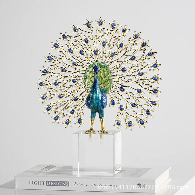 Decorative Peacock Figurine Vibrant Blue Tail Feathers Enamel Crystal Finish