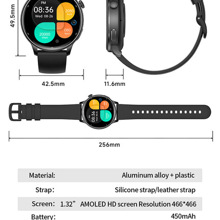 1.32" AMOLED Round Smart Watch with Bluetooth Calling, 170+ Sports Modes, Compass, 1ATM Waterproof