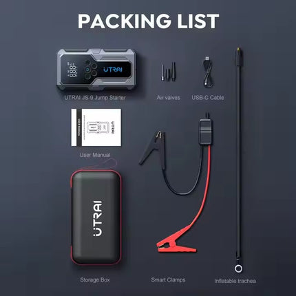 12V Portable Car Jump Starter with Digital Screen, Power Bank & Built-In Air Pump